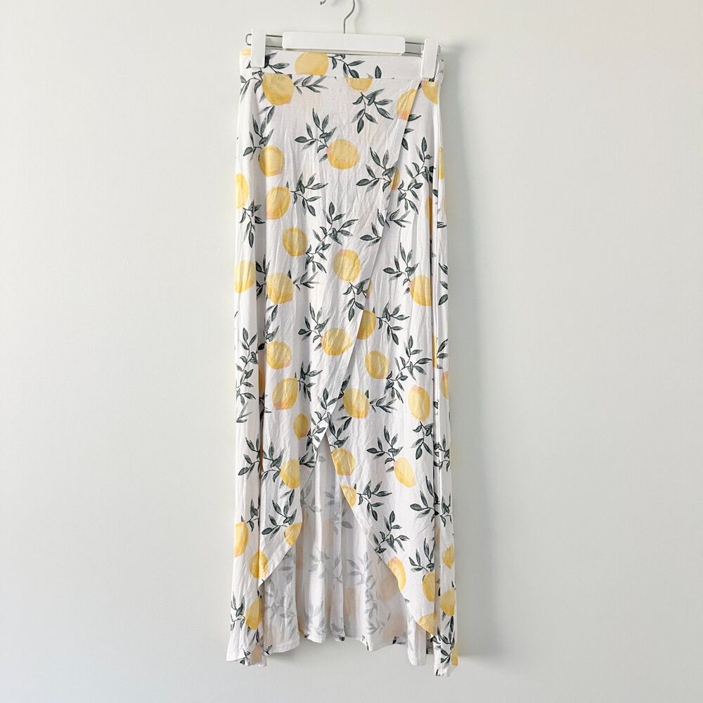 Charlotte Russe Lemon Print Faux Wrap Asymmetrical High Low Maxi Skirt Small S